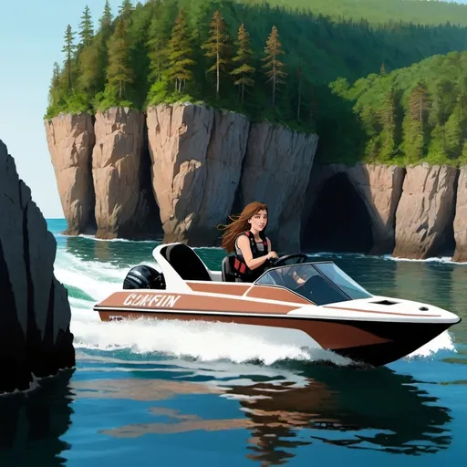 Prompt: A young women with brown hair in a small speed boat on the ocean comes up to a small rock cliff along the shore with a forest in the distance 