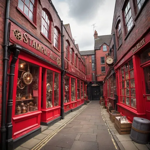 Prompt: Steampunk alley red little shops in the UK 