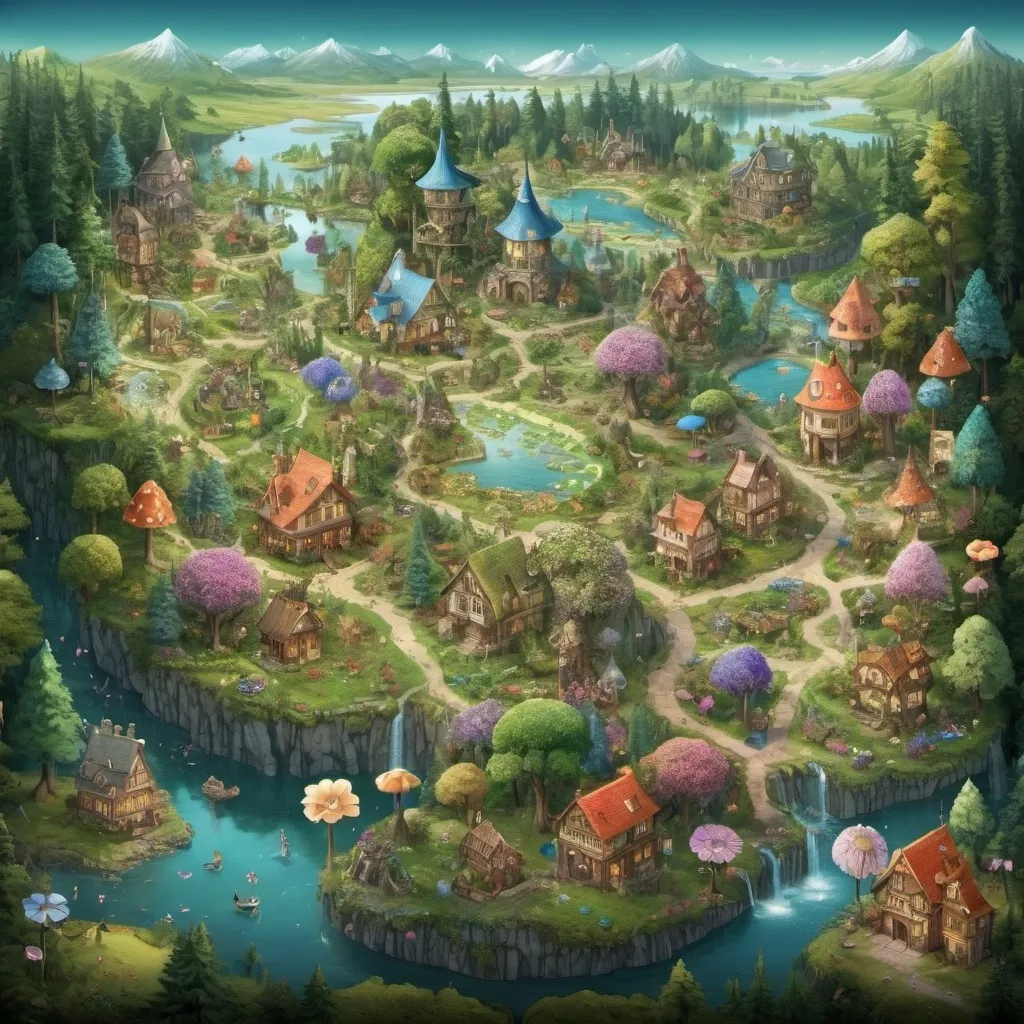 Prompt: Uma grande floresta de fadas, com casas feitas com recursos da natureza, lagos e campos de flores, um mapa grande com muitos lugares, um mapa muito grande, um mapa extremamente grande de uma floresta muito grande