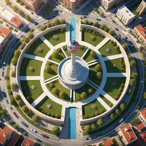 Prompt: Freedom City aerial view. Americana and patriotism at the core value. Circular city with radial roads. Blending modernity with traditional values. Church facility in the center. Mixed retail and residential. town center with promenade around the circle. beautiful walkways. 