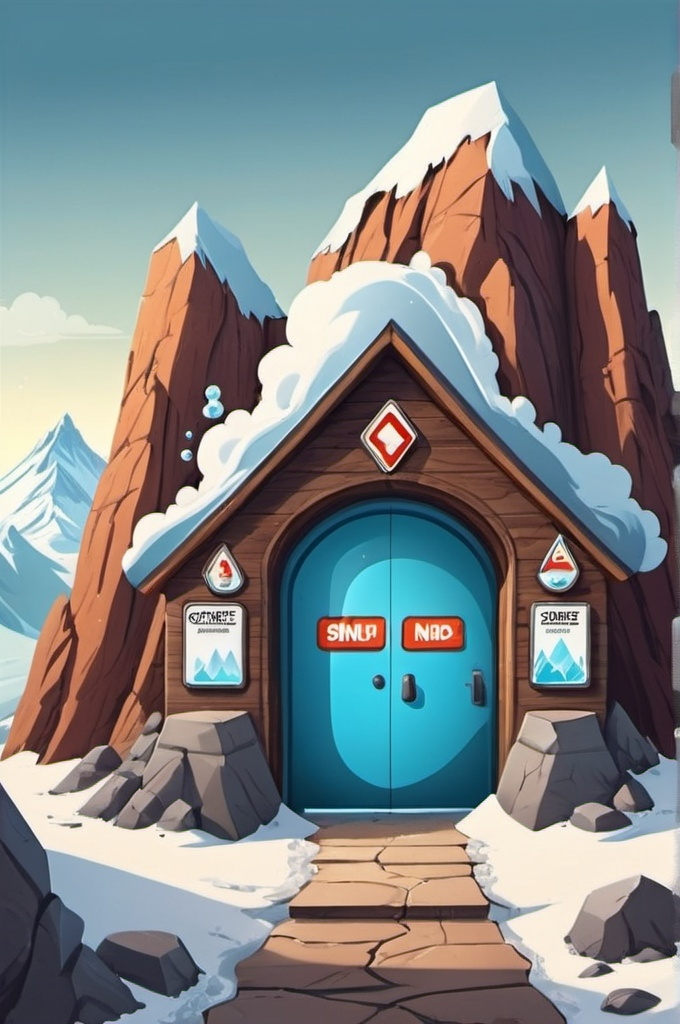 Prompt: Mountain entrance with chemistry chemicals inside the entrance and snurfs standing - cartoon style 