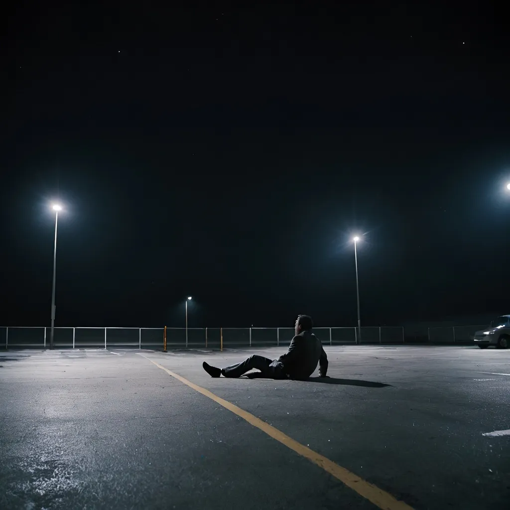 Prompt: An empty parking lot at night with a man laying on the pavement 