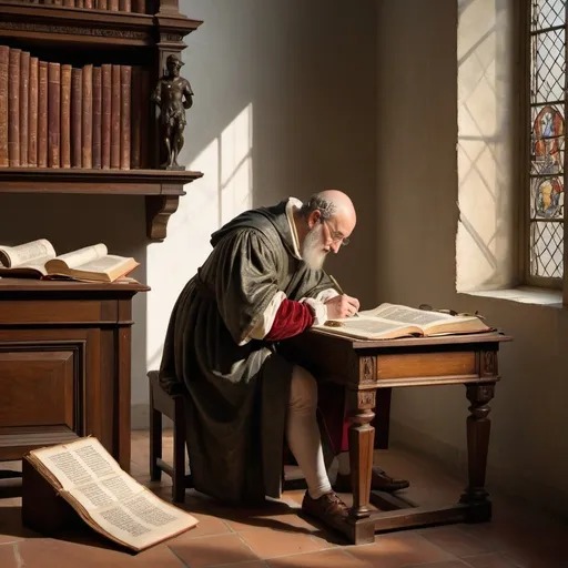 Prompt: A renaissance scholar bent over a book containing the text of De rerum natura by Lucretius. The book rests of an inclined writing desk and the scholar is using a quill to take notes using his right hand as he reads. The desk is illuminated by sunlight shining through a window to the right. The wall directly in front of the desk is covered in manuscript fragments.  