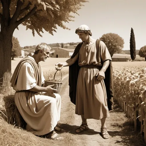 Prompt: A pastoral scene in sepia colors, showing a roman peasant apologising to his dominus for not delivering this year's crop.