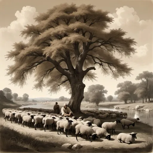 Prompt: A pastoral scene in sepia colors, a roman peasant sleeping under a tree while his flock of sheep grazes in the vicinity. A black lamb is moving away from the flock towards a river, the other side of which is a dark forest.
