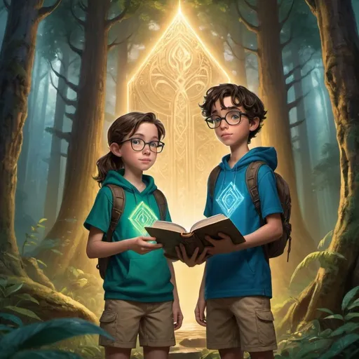 Prompt: The book cover features two adventurous children, Brandon and Jolie, standing at the forefront. Brandon, a 12-year-old boy with short brown hair and glasses, is holding an ancient, glowing book. Jolie, a 12-year-old girl with curly black hair tied in a ponytail, is looking excitedly over his shoulder at the book. Both are dressed in casual adventure gear – Brandon in a green t-shirt and khaki shorts, and Jolie in a blue hoodie and jeans.

They are in a mystical, ancient forest with towering trees that have sparkling diamond-like leaves. The background features an old stone altar covered in glowing symbols and inscriptions. The forest is bathed in a soft, golden light, adding an ethereal glow to the scene. The book they are holding has a leather cover with intricate, glowing symbols, hinting at its magical properties.

The title of the book, "Brandon and Jolie: The Quest for the True Power of Words," is written in an elegant, glowing font at the top of the cover. Below the title, a tagline reads, "Discover the secrets that shape our world."

Key Elements:

Brandon and Jolie: Standing in the foreground, dressed in adventure gear, with Brandon holding the glowing book.
Ancient Forest: Encompasses towering trees with sparkling leaves and an ethereal golden light.
Stone Altar: Located in the background, covered in glowing symbols and inscriptions.
Glowing Book: Central element in Brandon’s hands, symbolizing the source of their adventure.
Title and Tagline: Positioned at the top, with a magical, glowing font.