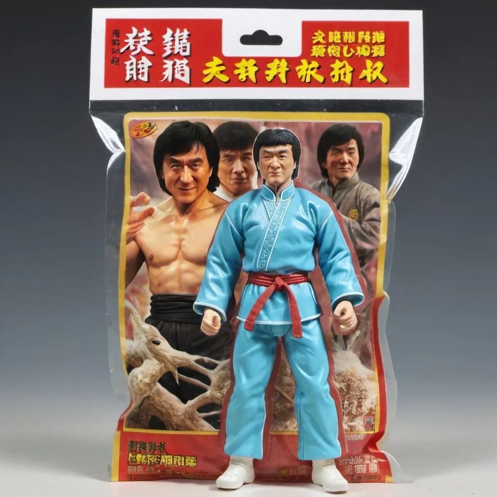 Prompt: A turkey bootleg toy figure of Jackie Chan sealed in plastic bag with a paper backcard painted with Shao Brothers Kungfu movie posters. The toy figure is with color fading details.