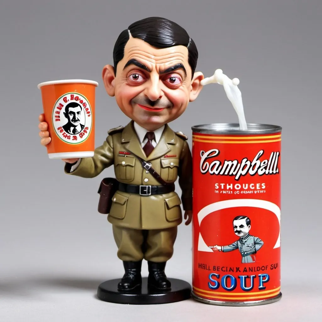 Prompt: Toy figure Mr.Bean in Nazi uniform，sealed in bubble. A poster of hitler drinking the campbell tomato soup