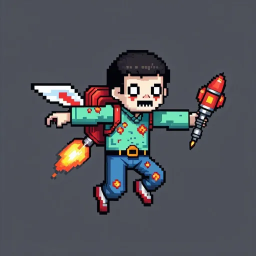 Prompt: Pixel art of a chinese little zombie flying in the air. His lower body is a propelling rocket.