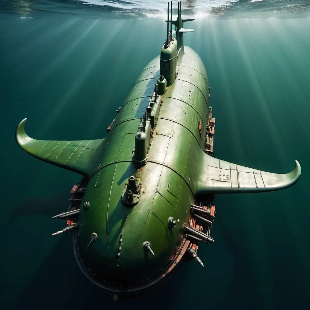 Prompt: A submarine made of steel in the shape of a gigantic whale. It is in the deep ocean shooting missiles towards other submarines. It is painted green，with rust on edge of steel pads. The mark of CCP is printed on the side.