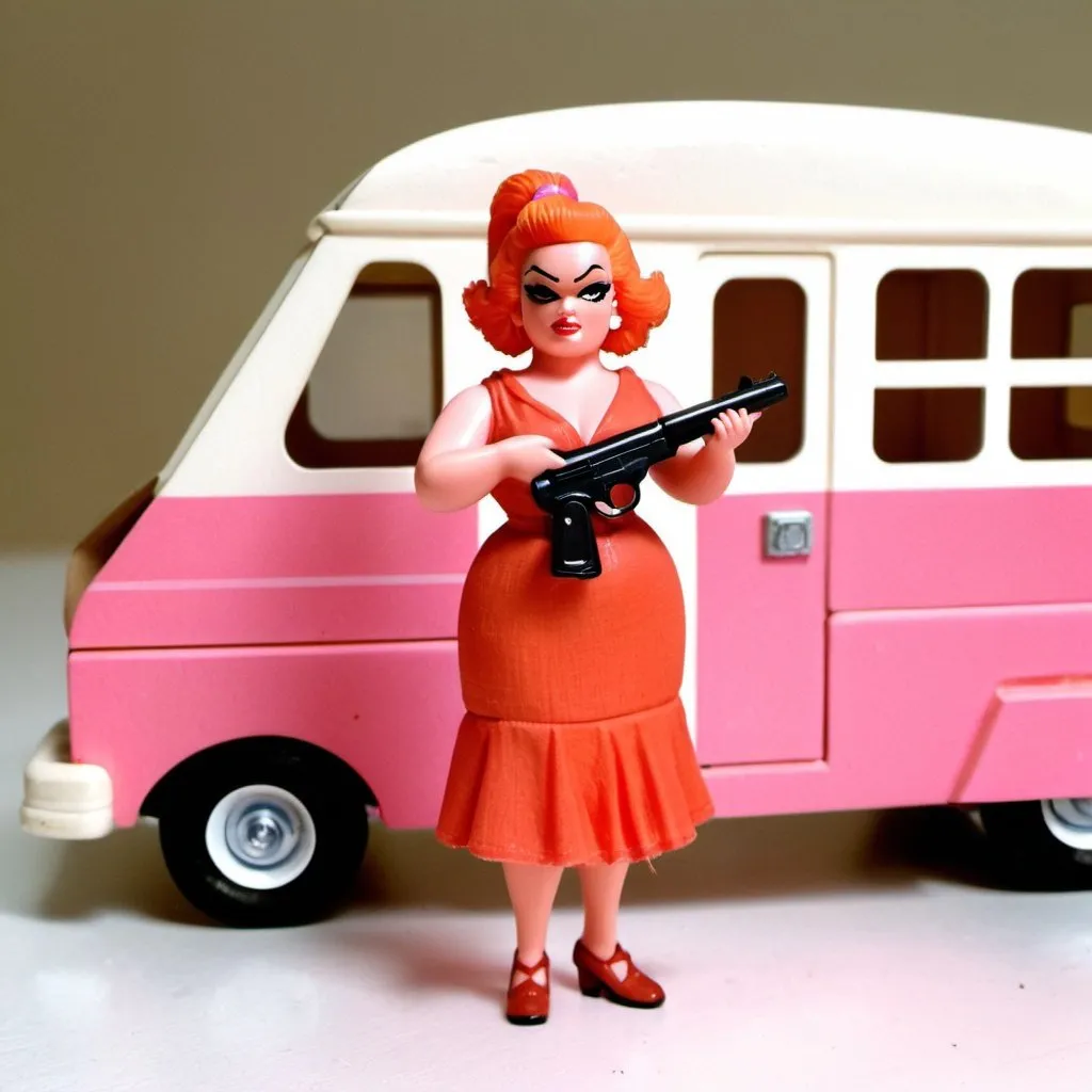 Prompt: A vintage toy figure of Divine in the movie pink flamingo. The toy was holding a gun in her hand. The toy is obese. The toy wears a red gauze dress with V neck. The toy wears heavy make-up with white eye shadow. Her hair is an orange fluffy pony tail.Alongside is a pink paper toy box in the shape of a camper van.