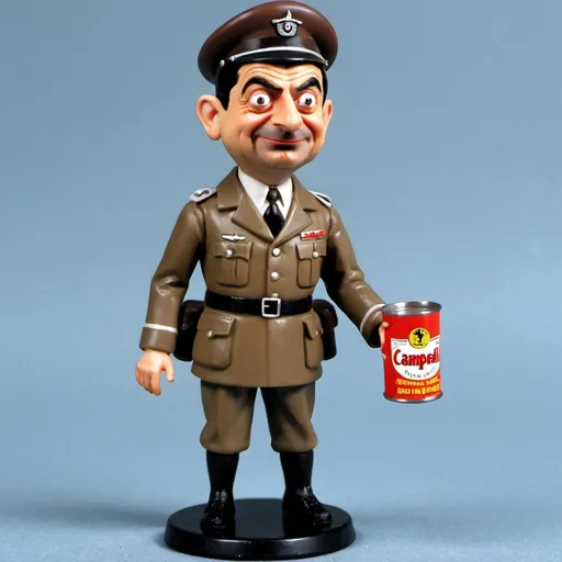 Prompt: 3.75 inch Toy figure Mr.Bean in Nazi uniform，sealed in bubble.The backcard art is a poster of hitler drinking the campbell tomato soup.