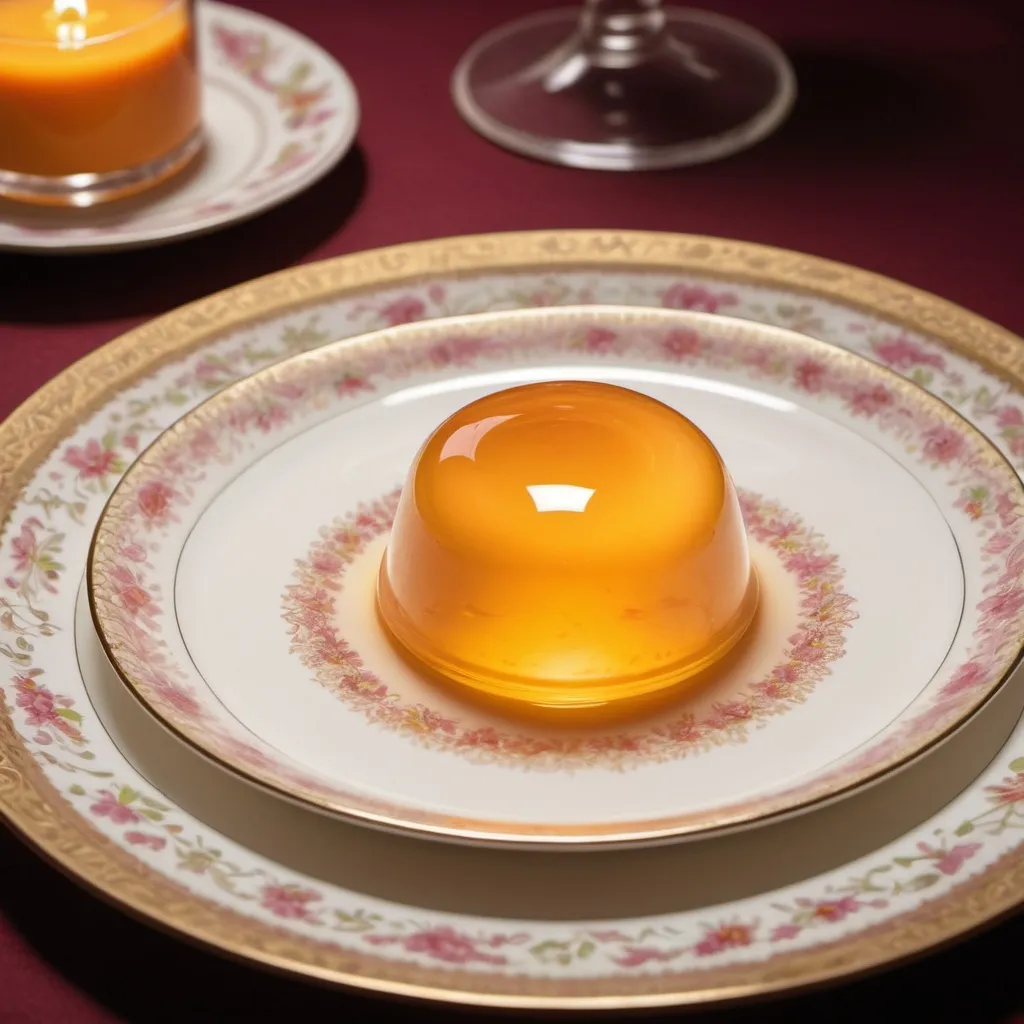 Prompt: A pudding transparent like a bubble，laying on a delicate china plate.
It shines with warm sweet glory.