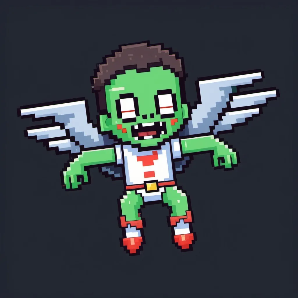 Prompt: Pixel art of a chinese little zombie flying in the air. His lower body is a propelling rocket.