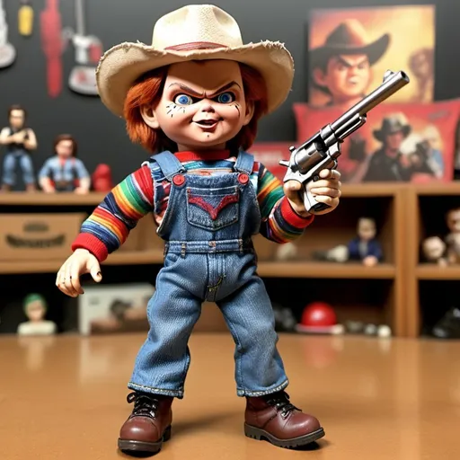 Prompt: A vintage chucky toy figure in cow boy jeans，boots and hat，is aiming a gun at a vintage bootleg stallone toy figure.