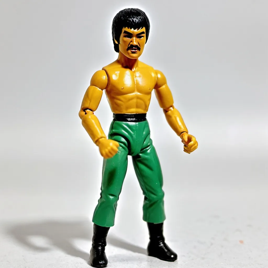 Prompt: vintage 3.75 bruce lee toy figure with mexican wrestler costume sealed in plastic bags.
backcard is painted with mexican wrestler masks and wrestling techniques in vintage comic style.
