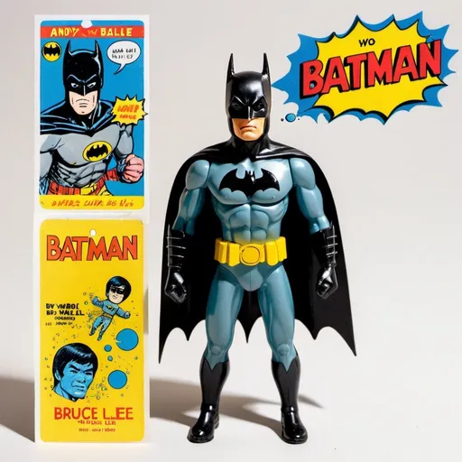 Prompt: Vintage batman figure with andy warhol's head sealed in bubbles on a card painted with Bruce Lee comics.