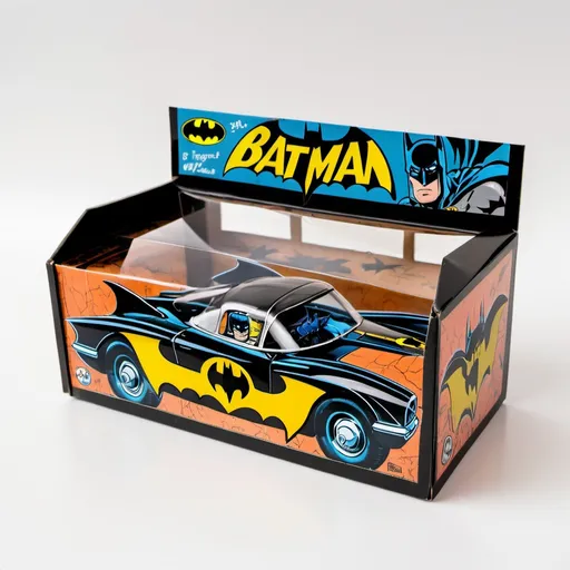 Prompt: A diecast batmobile sealed in a paper toybox with a transparent window. The paper toybox is covered with 60‘s Batman comic scenes.