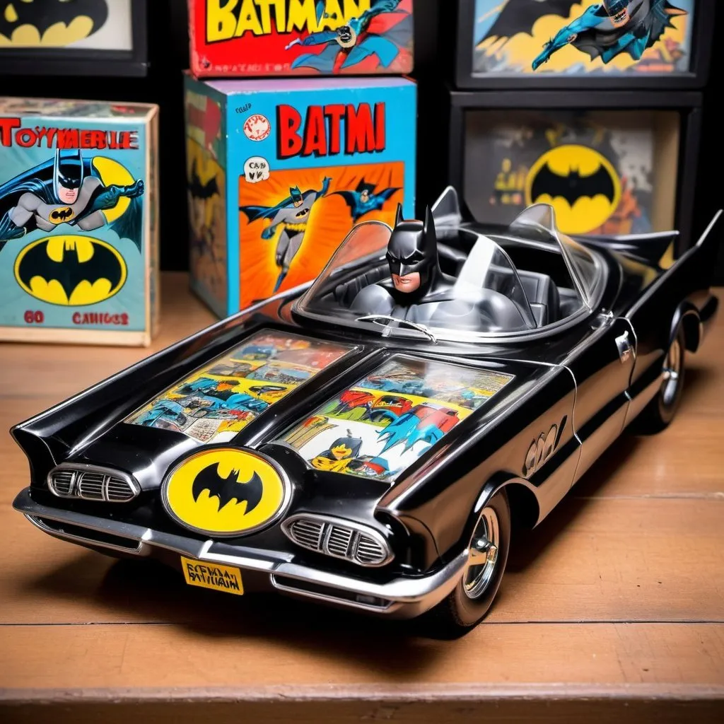 Prompt: A diecast batmobile inside a painted toybox with a transparent window. The toybox is covered with 60‘s Batman comic scenes.