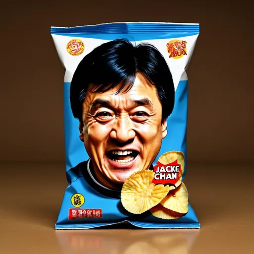 Prompt: Potato chip package with hilarious comic Jackie Chan‘s face  printed on it.