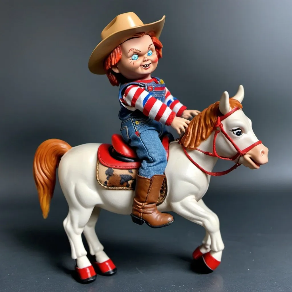 Prompt: A vintage chucky toy figure cow boy jeans riding a toy horse.