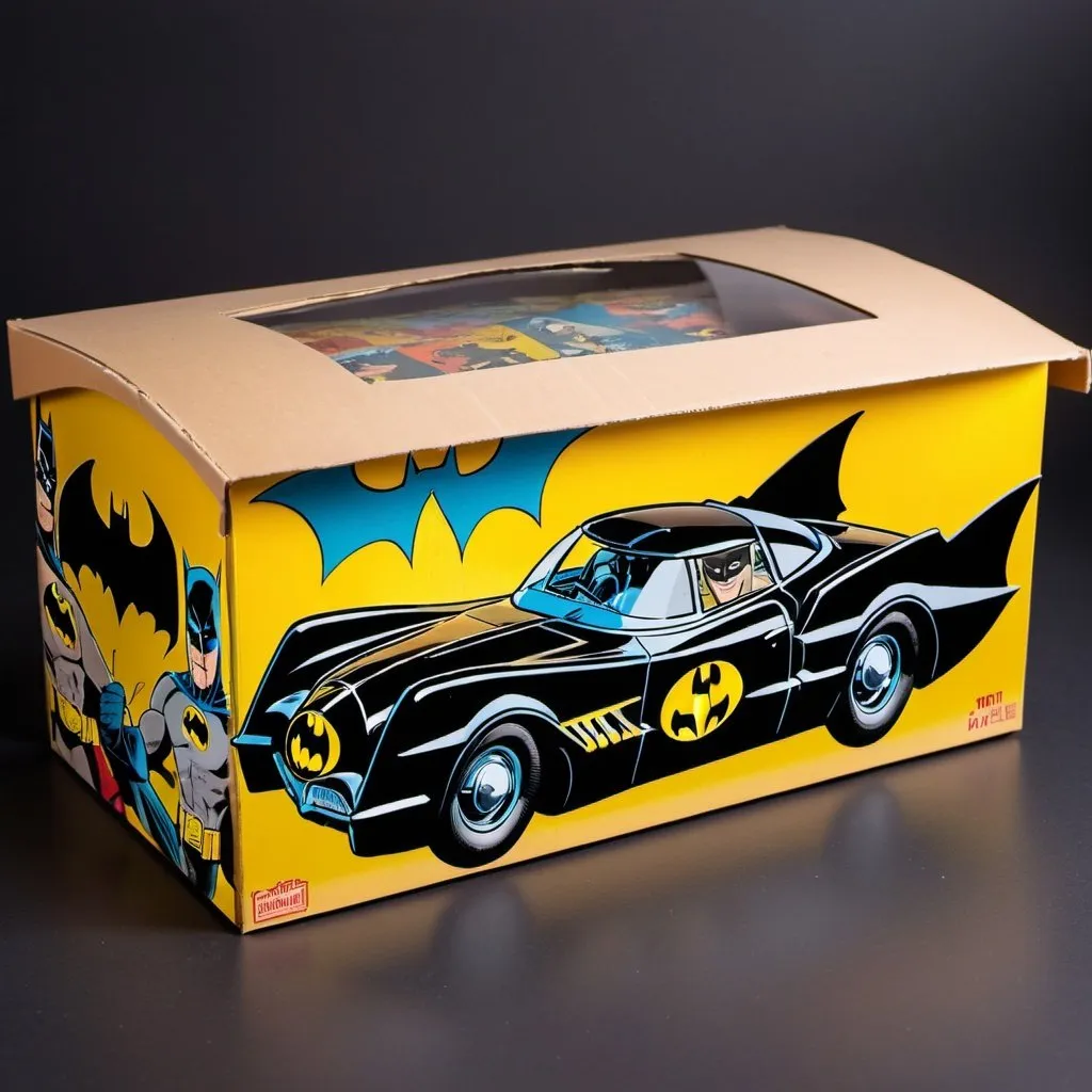 Prompt: A diecast batmobile sealed in a paper toybox with a transparent window. The paper toybox is covered with 60‘s Batman comic scenes.