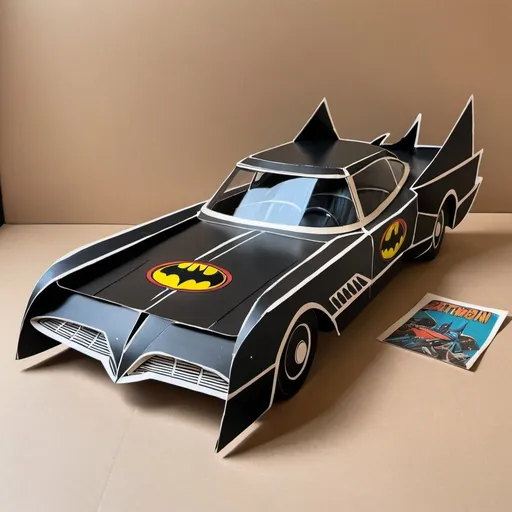 Prompt: A paper toybox painted with batmobile in the 60‘s vintage comic aesthetic.The toy box has a transparent window showing a diecast batmobile inside. The paper box is torn at some parts.