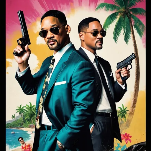 Prompt: A movie poster of Lau Tak Wah and Will Smith. Will Smith is in black suit with black tie and a pair of sunglasses，holding a gun. Lau Tak Wah is in a Hawaiian shirt drinking a coconut. The poster is painted in 80‘s HongKong movie vibe.