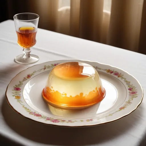 Prompt: A pudding transparent like a bubble，laying on a delicate china plate.
It shines with warm sweet glory.