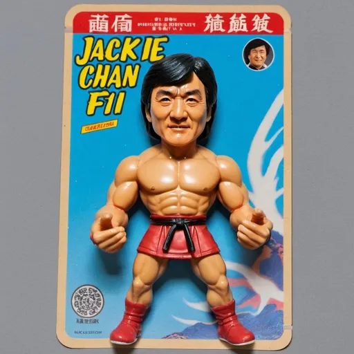 Prompt: A color fading turkey bootleg toy figure of Jackie Chan sealed in bubble，stitched to a paper backcard painted with Shao Brothers Kungfu movie posters.