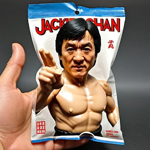 Prompt: A color fading turkey bootleg toy figure of Jackie Chan sealed in a plastic bag. The bag is stitched to a paper backcard painted with Shao Brothers Kungfu movie posters.