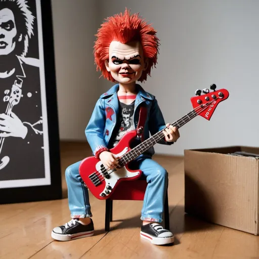 Prompt: A vintage toy figure of Sid Vicious in Chucky‘s clothes playing bass. Alongside is a paper toy box printed with sexpistols album posters.