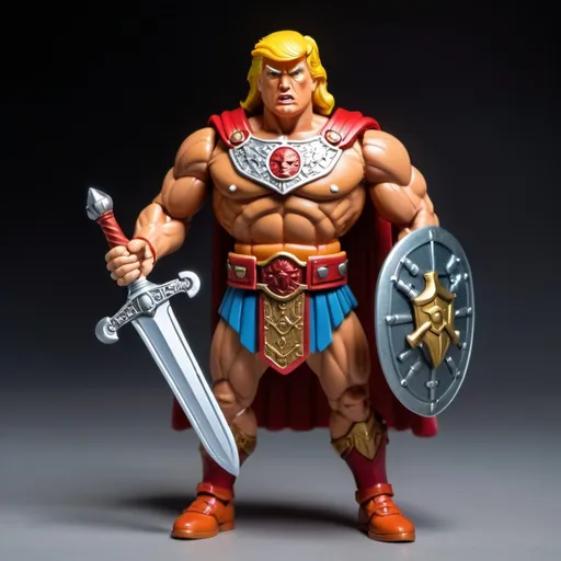 Prompt: toy figure of donald trump with muscular he-man body，with medieval sword and roman shield in hand