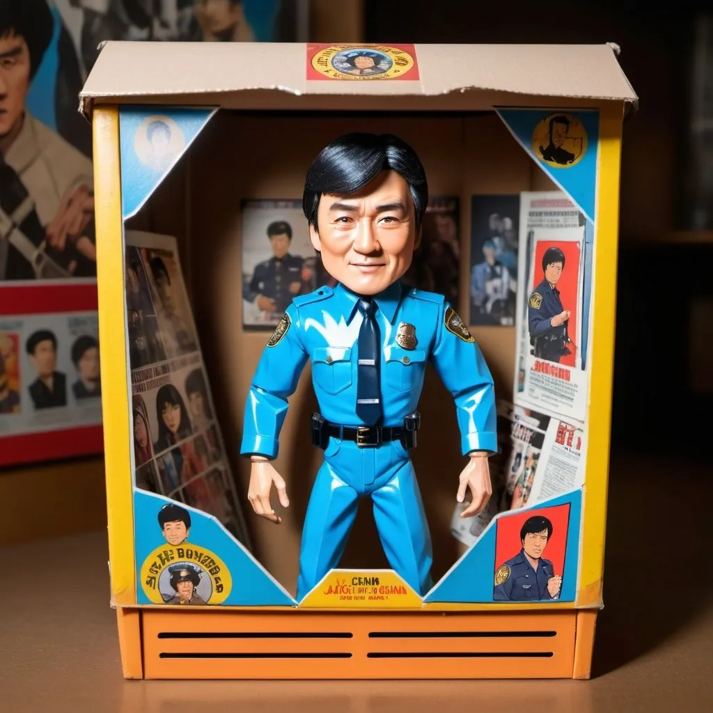 Prompt: A vintage action figure of Jackie Chan in police uniform in a paper toy box painted with Shao Brothers movie posters with a transparent window.