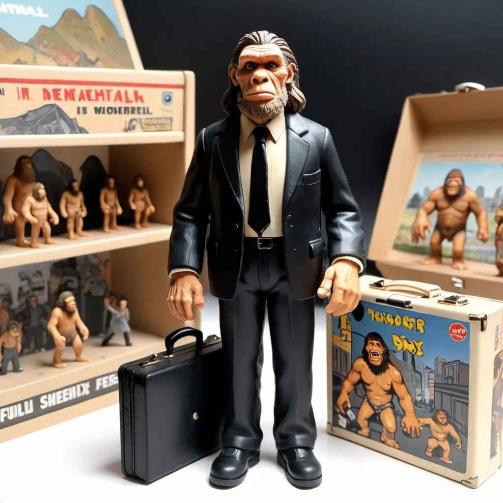 Prompt: A neanderthal toy figure in blacksuit with a briefcase in hand. Alongside is a paper toybox painted with comic of a crowded underground full of commuters.