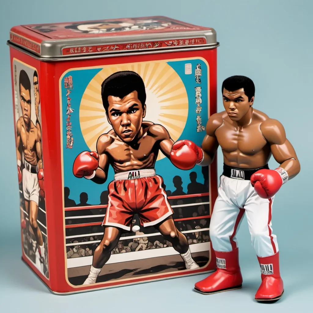 Prompt: A combat boxing  tin toy with the head of Muhammad Ali. Alongside is a paper toy box covered with Ali combating scenes in japanese manga style.