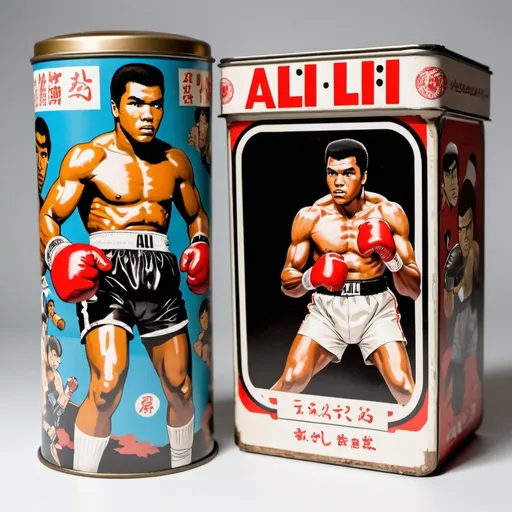 Prompt: A combat boxing  tin toy with the head of Muhammad Ali. Alongside is a paper toy box covered with Ali combating scenes in japanese manga style.