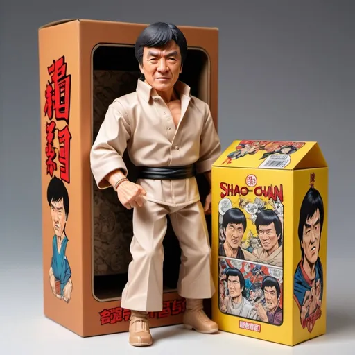 Prompt: A flesh color sofubi toy figure of Jackie Chan with five points of articulation. Alongside is a paper toy box covered with comics of Shao Brothers movies.