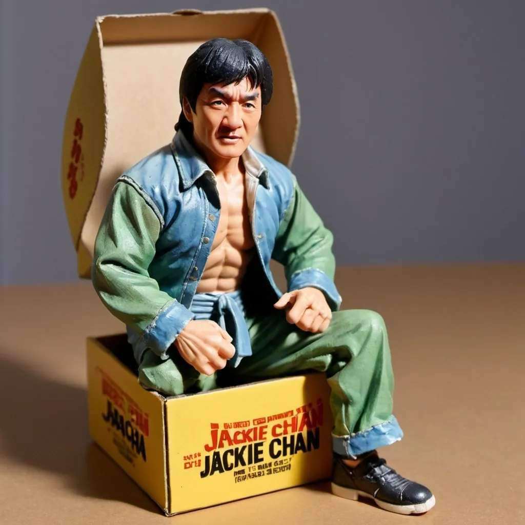 Prompt: A rotocast bootleg figure of Jackie Chan in ragged clothes. 
The figure is placed in a paper box printed with Shao Brothers movie posters.