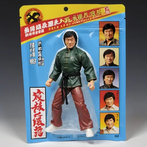 Prompt: A turkey bootleg toy figure of Jackie Chan sealed in plastic bag with a paper backcard painted with Shao Brothers Kungfu movie posters. The toy figure is with color fading details.