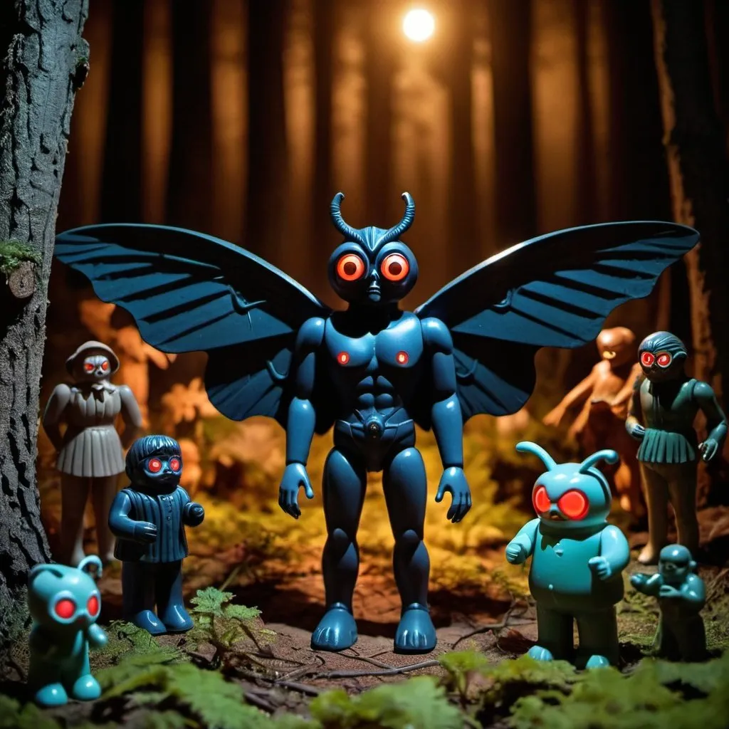 Prompt: A vintage toy figure of Mothman in a toy forest with eyes glowing in the dark. Alongside are terrified human toy figures.