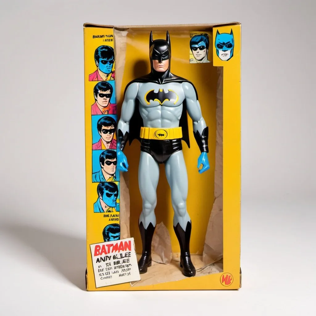 Prompt: Vintage batman figure with andy warhol's head sealed in plastic box on a papaer backcard painted with Bruce Lee comics.