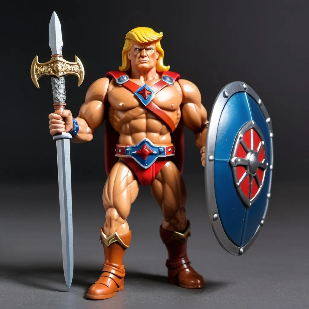 Prompt: toy figure of donald trump with muscular he-man body，with medieval sword and roman shield in hand