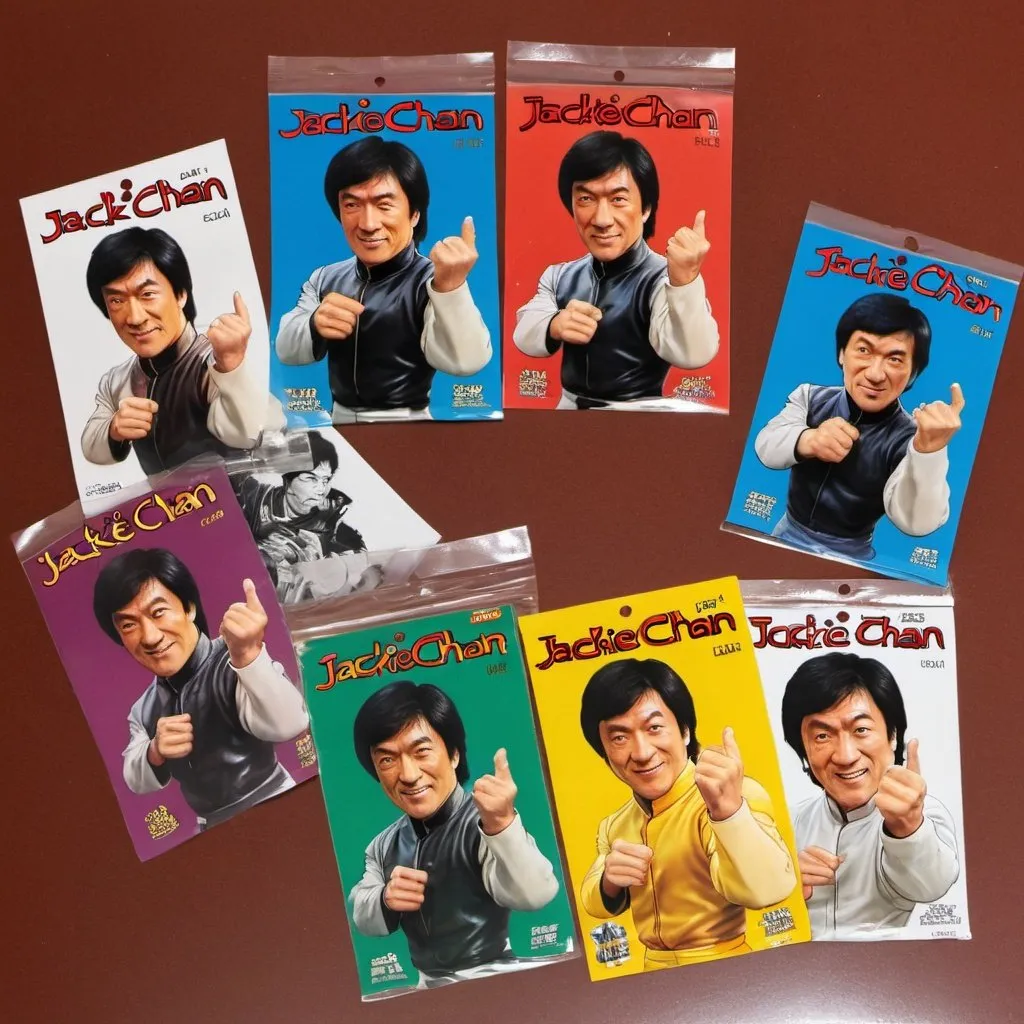 Prompt: Multiple keshi rubber figures of Jackie Chan in different colors sealed in plastic bag with a paper backcard painted with Shao Brothers Kungfu movie posters.