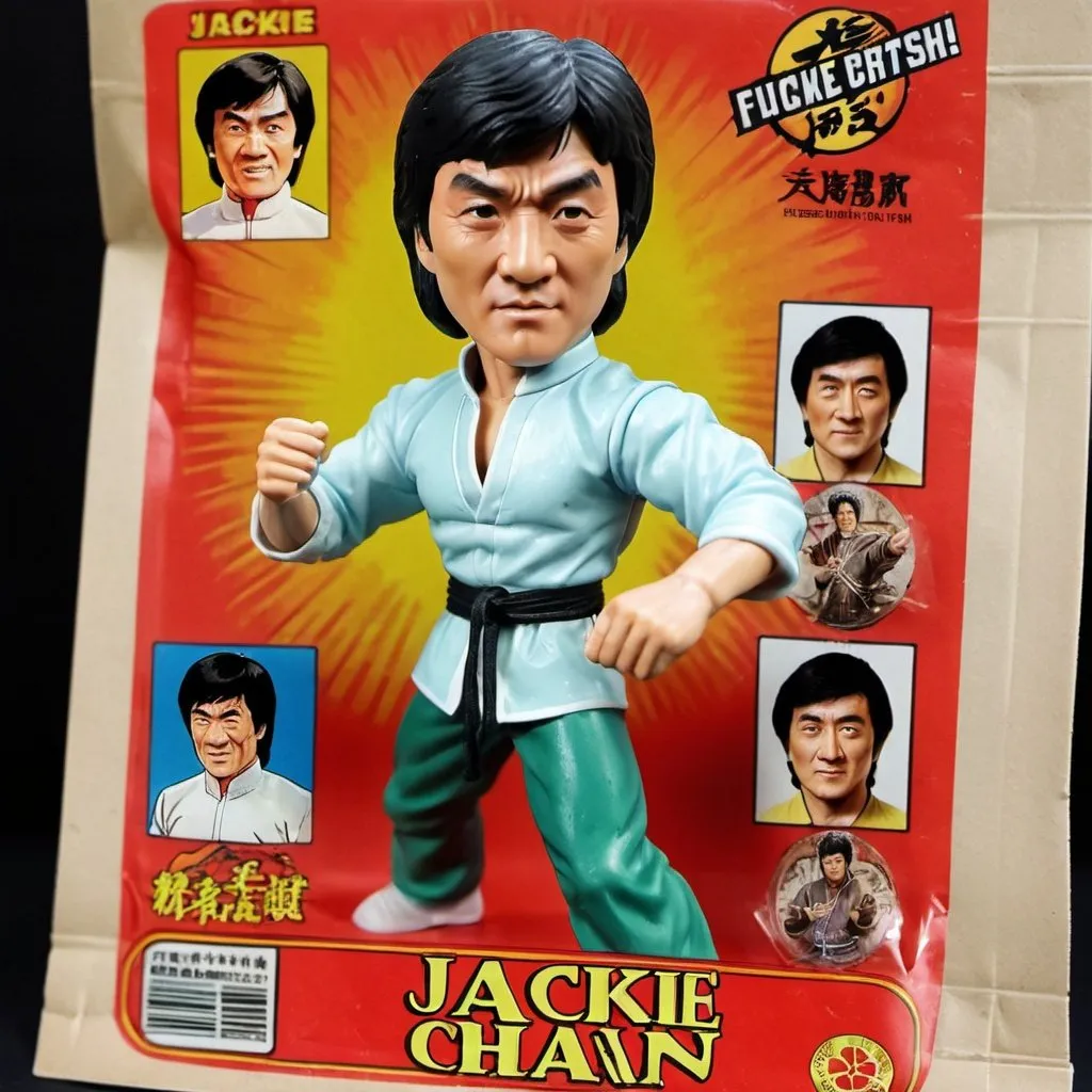 Prompt: A vintage toy figure of Jackie Chan sealed in plastic bag with a paper backcard painted with Shao Brothers Kungfu movie posters. The toy figure is with color fading details.