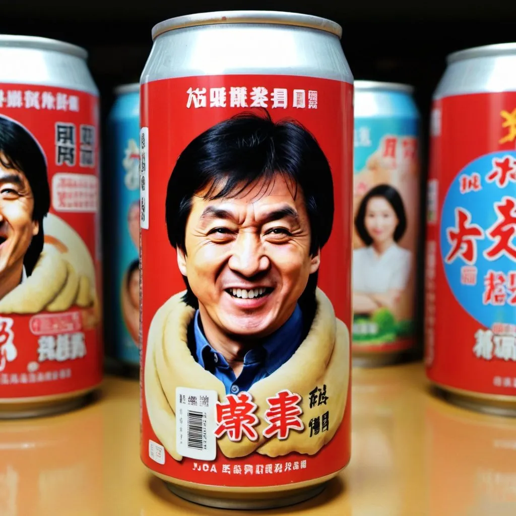 Prompt: A taiwan soda can with hilarious Jackie Chan‘s face printed on it.