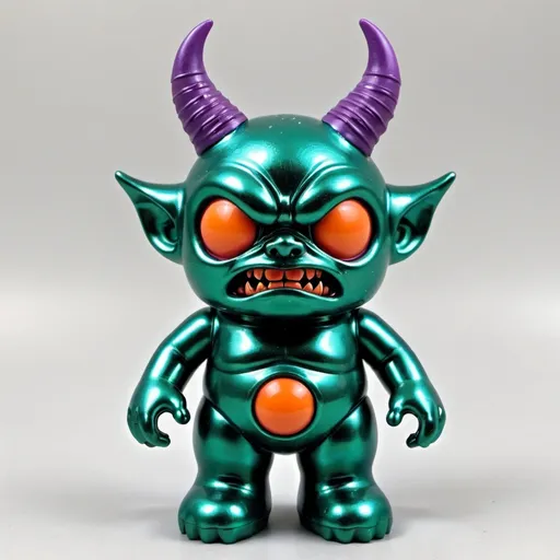 Prompt: A demon sofubi figure in orange soft vinyl. Its head is the same size as its chest，with deep hollow eye sockets. Its body is in very muddy and slimy texture. It is painted with mostly  metalic blue spray along the longitudinal axis of the body，and sporadic metalic green and metalic purple all over the body. Also metalic pink on the lips