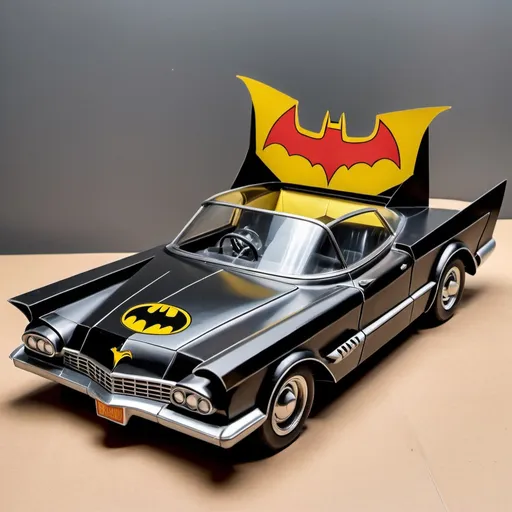 Prompt: A paper toybox painted with batmobile in the 60‘s vintage comic aesthetic.The toy box has a transparent window showing a diecast batmobile inside. The paper box is torn at some parts.