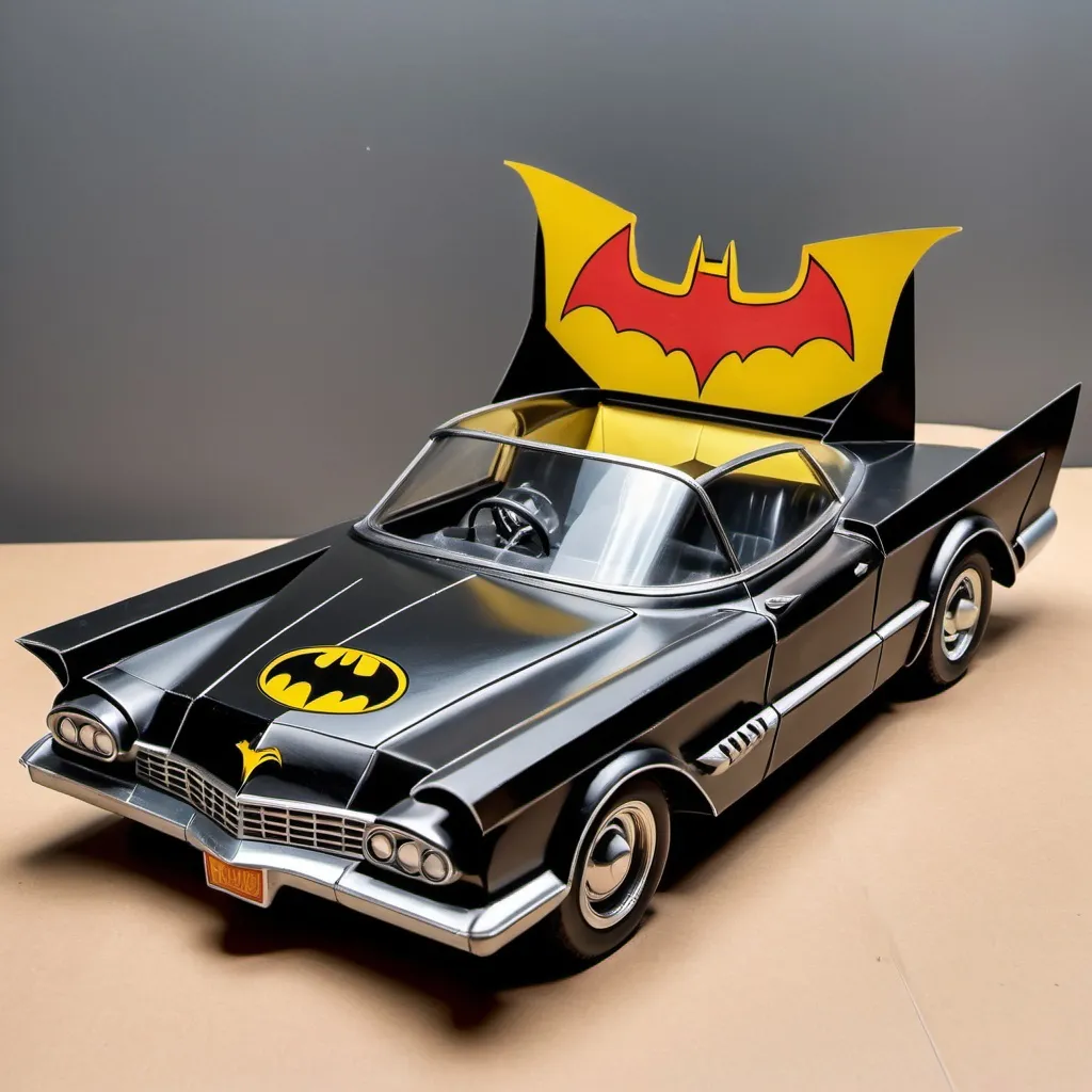 Prompt: A paper toybox painted with batmobile in the 60‘s vintage comic aesthetic.The toy box has a transparent window showing a diecast batmobile inside. The paper box is torn at some parts.