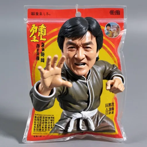 Prompt: A color fading turkey bootleg toy figure of Jackie Chan sealed in a plastic bag. The bag is stitched to a paper backcard painted with Shao Brothers Kungfu movie posters.